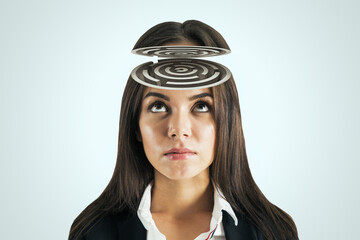 Poster - Maze of reason and psychology concept with woman head with labyrinth on light grey background