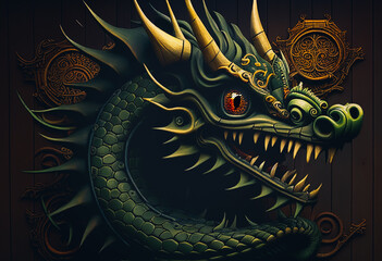 Wall Mural - Wooden carved dragon, bas-relief. Painted in green