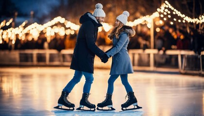 Romantic couple kissing while ice skating on winter night