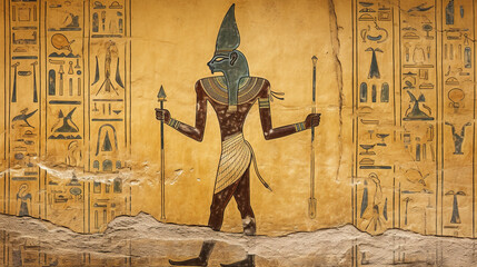 Wall Mural - Egyptian wall fresco, painting of God and hieroglyphs, Ancient Egypt, fiction view