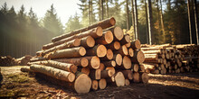 Lumber In The Forest, Cut Wooden Logs In The Stack. Logging, Harvesting Wood For Fuel And Firewood. 