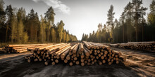 Lumber In The Forest, Cut Wooden Logs In The Stack. Logging, Harvesting Wood For Fuel And Firewood. 