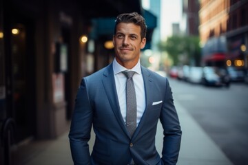 Poster - Portrait of a handsome businessman in an urban setting. Men's beauty, fashion.