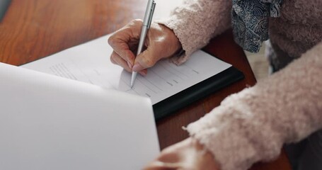 Wall Mural - Senior woman, hands and writing on documents for will testament, retirement or life insurance on desk. Closeup of elderly female person sign or filling paperwork, form or legal application on table