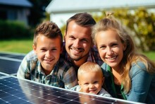 A Young Family Of Three Is Crouching Near A Photovoltaic Solar Panel, Smiling And Looking At The Camera, Concept Of Bright Future | Generative AI