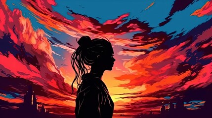Wall Mural - Dramatic sunset silhouettes . Fantasy concept , Illustration painting.