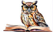 A owl with eyeglasses ona book in children's book illustration style. Wisdom and learning concept. 