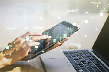 Poster - Abstract creative financial graph with world map and with finger clicks on a digital tablet on background, forex and investment concept. Multiexposure