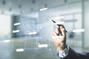 Aufkleber - Double exposure of programmer's hand with pen working with abstract creative programming illustration on blurred office background, big data and blockchain concept