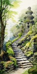 Wall Mural - illustration of forest with winding stone path stairs, stone architecture, moss, generative AI