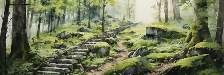 Wall Mural - illustration of forest with winding stone path stairs, stone architecture, moss, generative AI