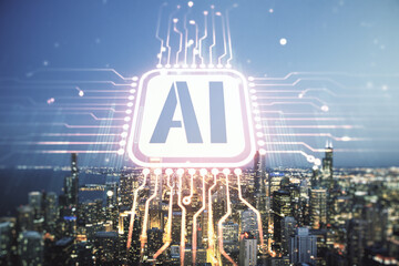 Poster - Abstract virtual artificial Intelligence symbol hologram on Chicago skyline background. Multiexposure