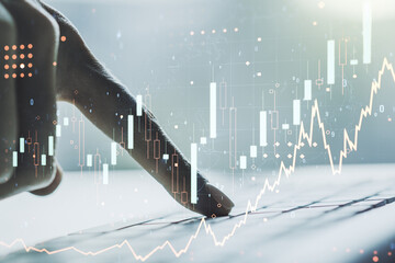 Poster - Multi exposure of abstract creative financial chart with hand typing on computer keyboard on background, research and analytics concept