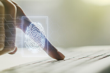 Aufkleber - Abstract creative fingerprint illustration with hands typing on laptop on background, personal biometric data concept. Multiexposure