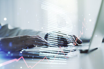 Poster - Creative Bitcoin concept with hands typing on laptop on background. Multiexposure