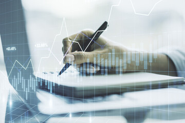 Poster - Double exposure of abstract creative financial diagram with hand writing in notebook on background, banking and accounting concept