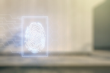 Multi exposure of virtual graphic fingerprint sketch on blurry contemporary office building background, fingerprint scan data concept