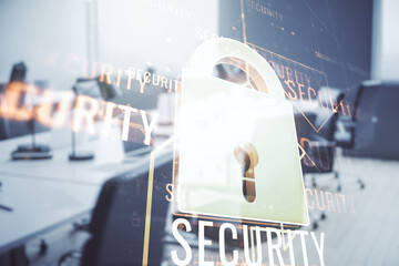 Aufkleber - Virtual creative lock symbol and microcircuit illustration on a modern furnished office background. Protection and firewall concept. Multiexposure
