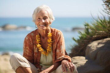 Wall Mural - Portrait of smiling senior woman sitting on rock at beach in summer