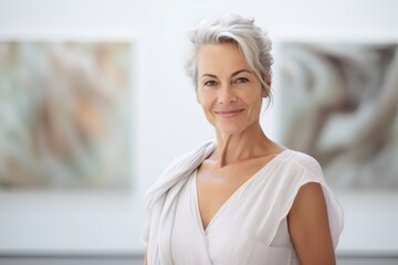 Wall Mural - Portrait of smiling mature woman with white towel at art gallery.