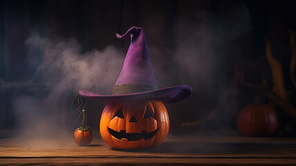 Halloween pumpkins with neon glowing eyes and witches hat, isolated on dark toned smoke foggy background. Scary Jack-o-lantern halloween pumpkin. Generative AI