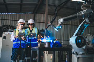 factory women engineers using control to control the arm robot machine for cutting the metal sheet. specialist Worker working at height technology industry for produce the electronic part device.