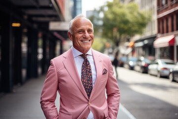 Wall Mural - Portrait of smiling senior businessman in suit standing on city street outdoors