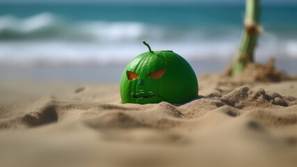 Halloween pumpkins with neon glowing eyes and witches hat, isolated on blurred beach background. Scary Jack-o-lantern halloween pumpkin. Generative AI