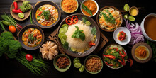 Thai Food Background. Dishes Of Thai Cuisine. Tom Yum, Tom Kha Gai, Pad Thai Noodles, Fried Rice With Pork And Vegetables Khao Phat Mu, Green Papaya Salad Som Tam, Thai Fruits