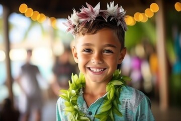 Portrait of a cute little girl in hawaiian costume smiling