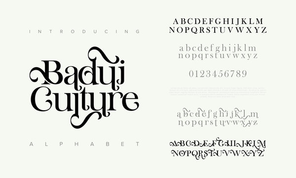 Baduiculture premium luxury elegant alphabet letters and numbers. Elegant wedding typography classic serif font decorative vintage retro. Creative vector illustration