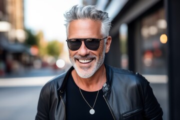 Wall Mural - Portrait of handsome senior man with grey hair wearing sunglasses in the city