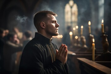 A young catholic priest prays in a catholic church. True faith for the accomplishment of the miracle of the Lord.