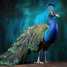 A Proud Peacock Displaying Its Brilliant Colors Against A Royal Blue Background.