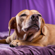 A dog ready for a relaxing nap in a soft purple pastel studio.