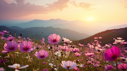 Photo focus macro detailed Sunset over the mountain with flower colorfull Generate AI