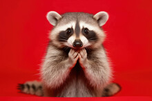 A Mischievous Raccoon With Mask-like Facial Markings And Clever Eyes Looking Straight At The Camera Against A Red Background.