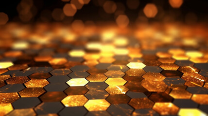 Wall Mural - Hexagon and circle bokeh, glitter, circle light neon, defocused, gold color