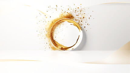 Abstract gold circle shape on white background, It looks like the coffee spreads out of the cup. 3D illustration.