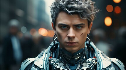Poster - Connection male human and artificial intelligence robot. The concept of merging a person and a computer with neural networks in the future. AI generated