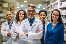 Group Of Pharmacists Standing Together And Looking At The Camera In A Chemist. Group Of Healthcare Professionals Working In A Pharmacy.