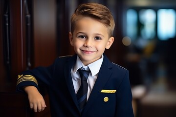 Poster - Portrait of happy little boy in uniform at the airport. Travel and tourism concept