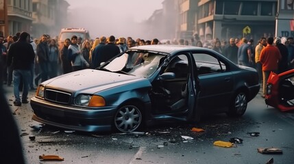 Poster - Car crash accident on street at city, Strong destructive car accident.