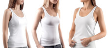 Woman Wearing White Tank Top Shirt. Blank Tank Top Shirt For Design Mock Up Isolated On Transparent Background.