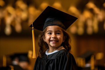 Wall Mural - Portrait of cute child girl in academic gown and cap in graduation day. Beautiful little curly elementary school graduate girl wearing graduation gown in school