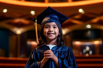 Wall Mural - Portrait of cute child girl in academic gown and cap in graduation day. Beautiful little curly elementary school graduate girl wearing graduation gown in school