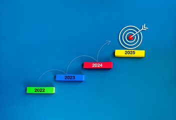 Poster - curved line arrow rising jump step up the multicolor stair blocks from 2022 to 2025 with target icon