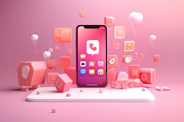 Poster - Modern phone app interface. pastel pink canvas for chat, love, and video symbols.