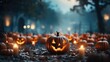 Halloween background with pumpkins and cemetery light and bokeh at night.