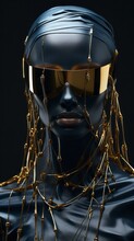 A Mysterious Woman In A Captivating Gold And Black Futuristic Mask Stares Out From The Canvas, Embodying The Cutting-edge Technology Of Virtual Reality